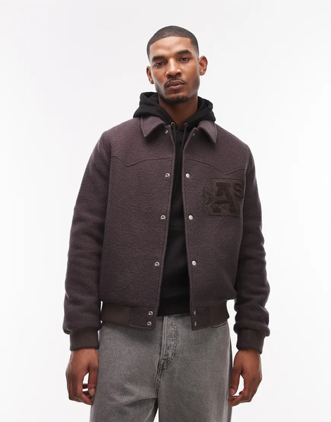  Allsaints Royce Patch Logo Wool Jacket In Brown 