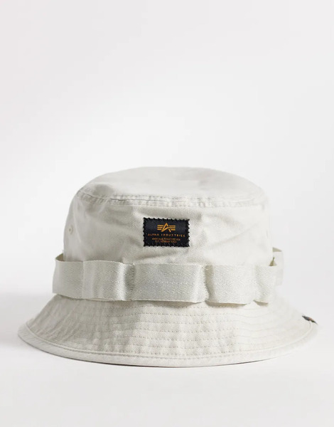  Alpha Industries Logo Bucket Hat In Stone Neutral 