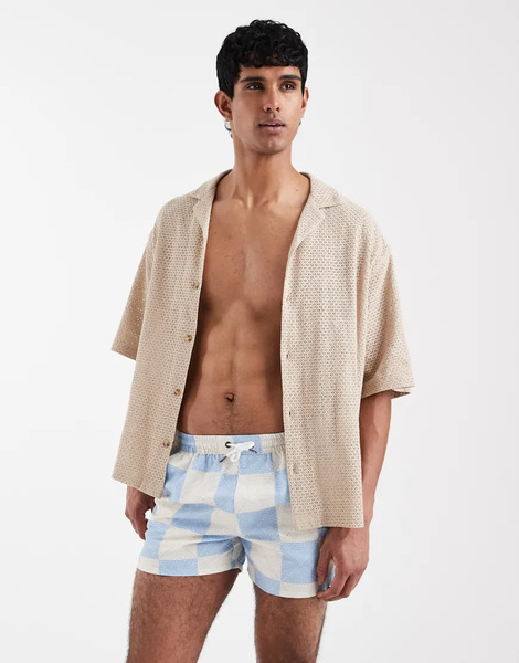  Aray Checkerboard Print Swimshort In Mid Blue 