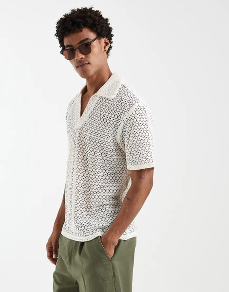  Aray Crochet Knit Polo Top In White 