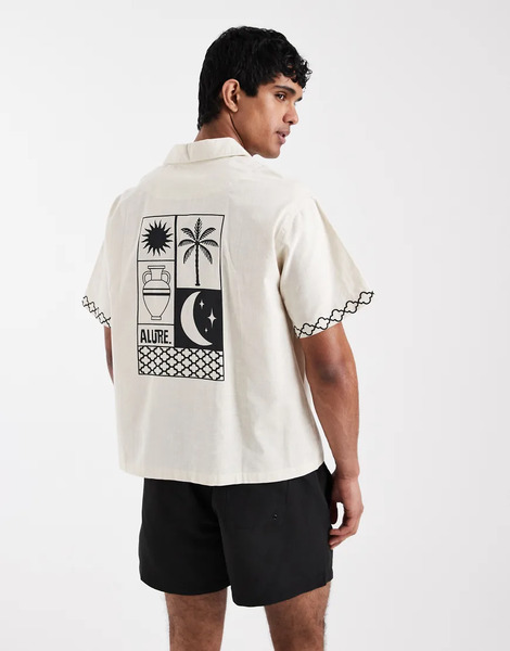 Aray Palm Tree Back Print Beach Shirt In Beige Neutral 