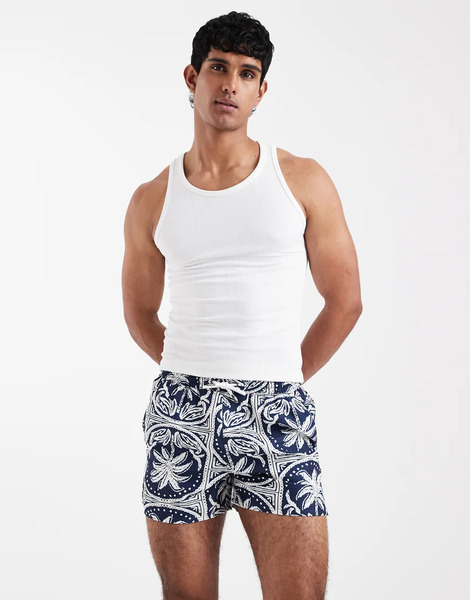  Aray Palm Tree Motif Swimshort In Navy 