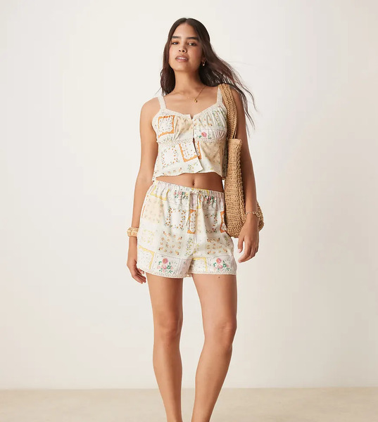  Aray Patchwork Print Beach Short Co Ord In Multi 