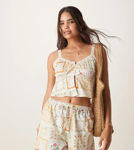  Aray Patchwork Print Beach Top Co Ord In Multi 