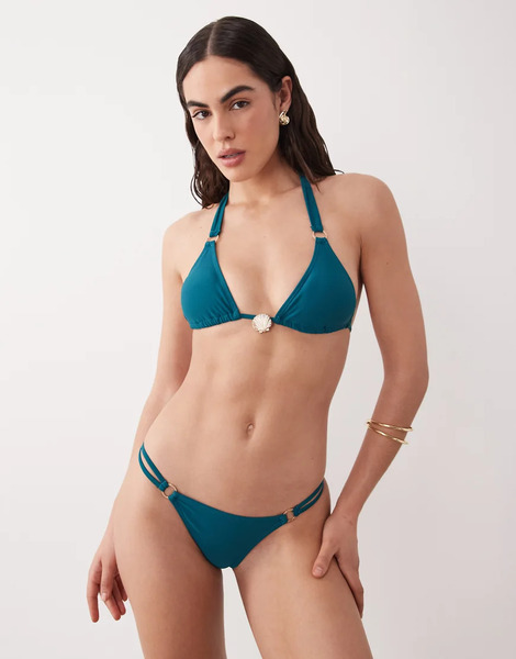  Aray Textured Triangle Bikini Set With Hardware Detail In Teal Blue 
