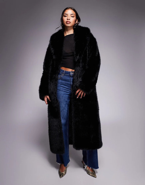  Aria Cove Faux Fur Oversized Collared Maxi Jacket In Black 