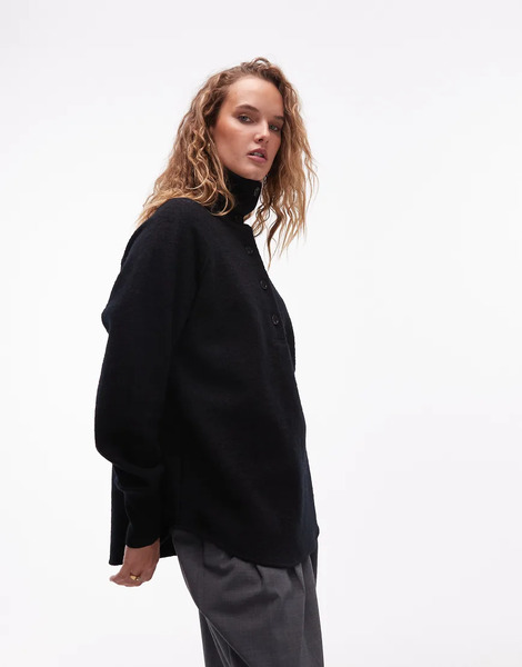 Arket Boiled Wool Sweater With Polo Collar In Black Navy 