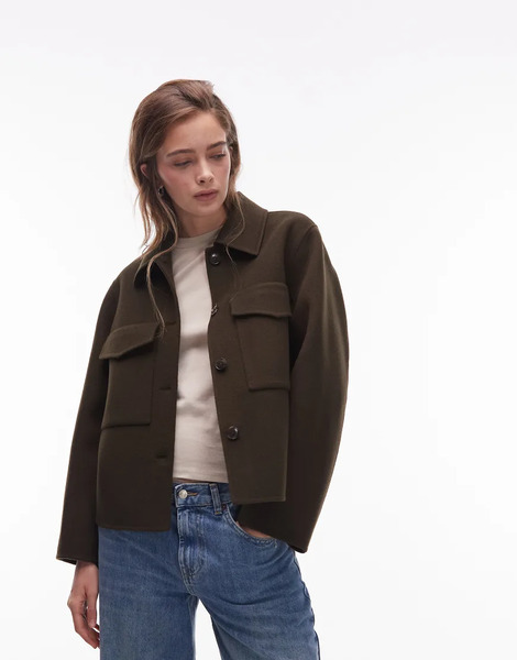 Arket Double Layer Wool Jacket With Button Front And Front Pockets In Khaki Brown Green 