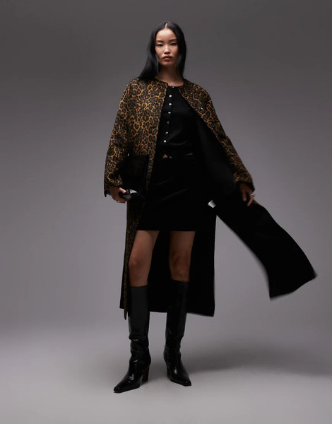  Arket Double Wool Collarless Maxi Coat In Leopard Print Multi 