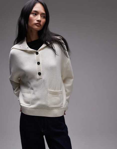  Arket Knitted Jumper With Large Button Collar In Off White 