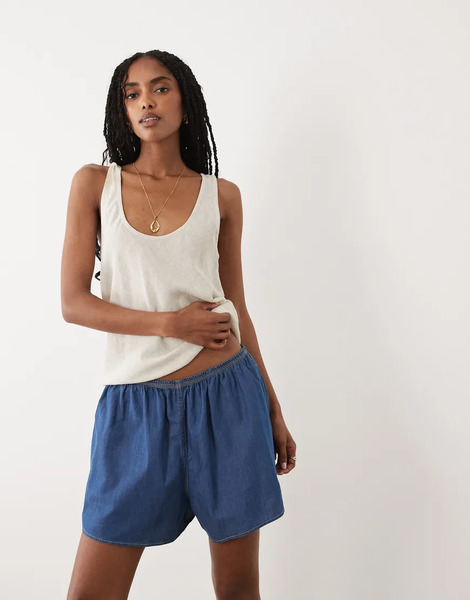  Arket Pull On Denim Shorts In Midwash Blue 