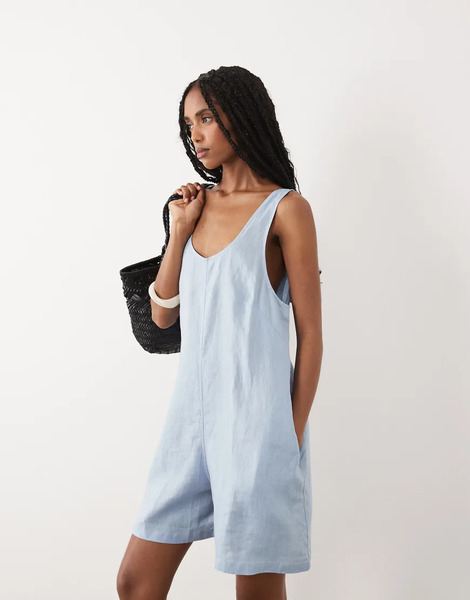  Arket Pure Linen Beach Playsuit In Dusty Blue 