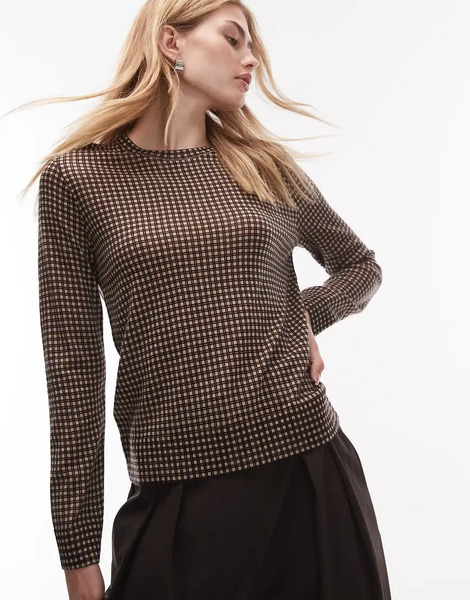  Arket Pure Wool Sweater In Check Pattern Brown 