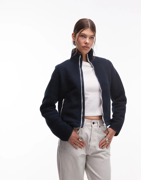 Arket Sleek Fleece Jacket With Zip Front In Navy Blue 
