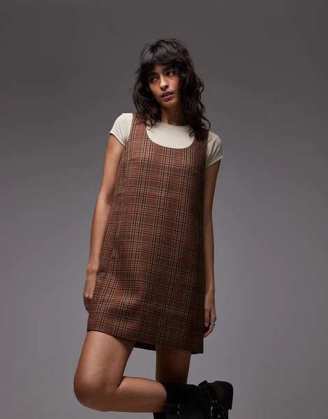  Arket Wool Sleeveless Mini Shift Dress In Brown Check 
