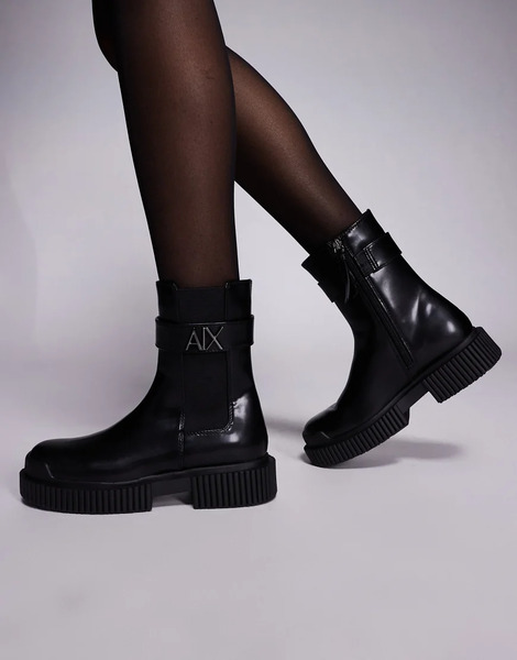  Armani Exchange Buckle Logo Ankle Boots In Black 