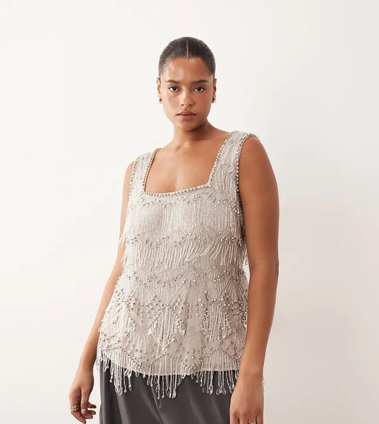  Arrange Curve Scallop Beaded Fringe Square Neck Top In Silver 