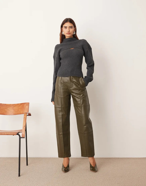  Arrange Leather Slim Trouser In Olive Green 