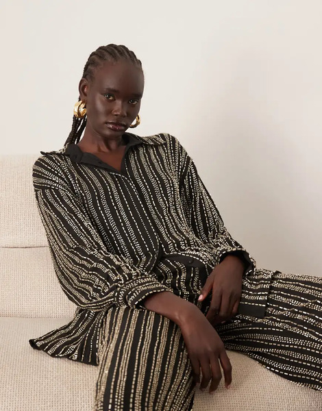  Arrange Linear Beaded Oversized Shirt Co Ord Black 