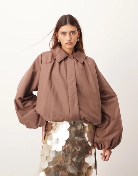  Arrange Oversized Bomber Jacket With Balloon Sleeve In Rich Brown 