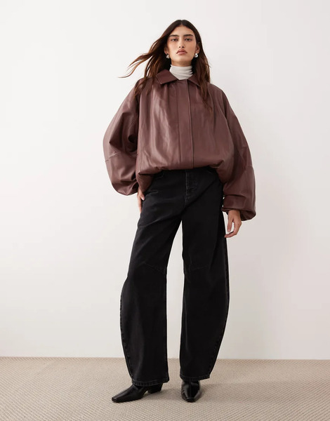  Arrange Oversized Leather Bomber Coat With Balloon Sleeve In Brown 