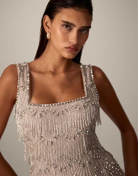  Arrange Scallop Beaded Fringe Square Neck Top In Silver 