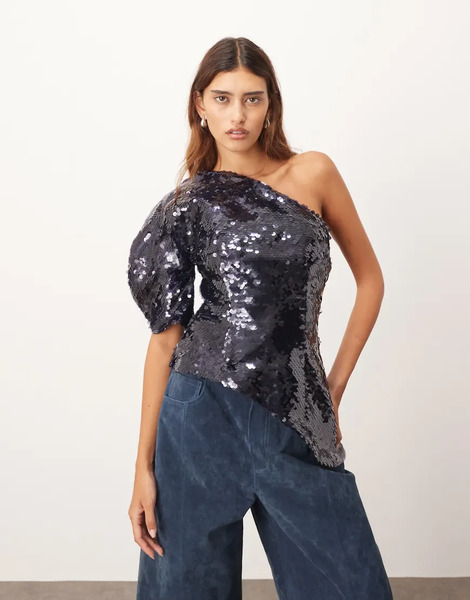  Arrange Sculptural One Shoulder Sequin Top In Navy Blue 