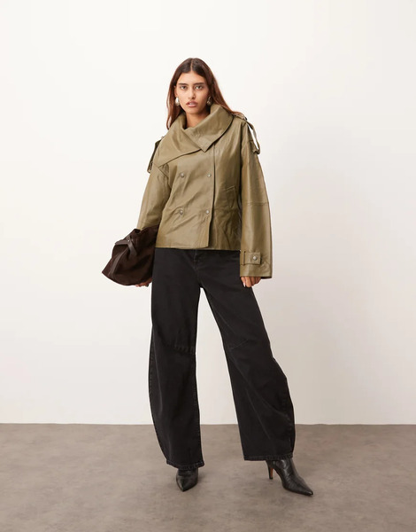  Arrange Soft Leather Jacket In Olive Green 