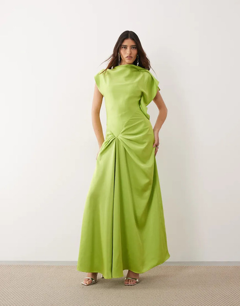  Arrange Split Shoulder Draped Maxi Dress In Lime Green 