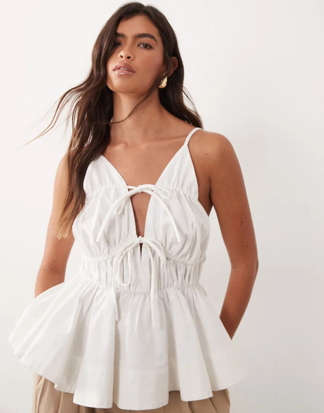  Arrange Tie Front Ruched Peplum Cami Top In White 