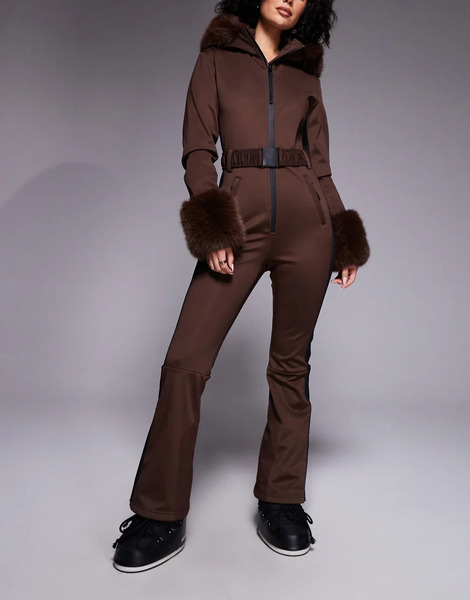  Asos 4505 Hourglass Ski Soft Shell Belted Ski Suit With Side Stripe And Faux Fur Trim In Coffee Brown 