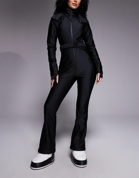  Asos 4505 Hourglass Ski Soft Shell Belted Ski Suit With Slim Kick Leg And Faux Fur Hood In Black Gloss 