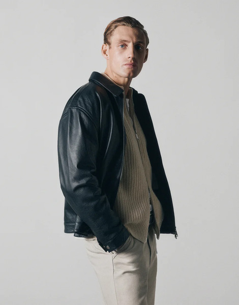  Asos Collective Oversized Harrington Textured Real Leather Jacket In Black   Black 