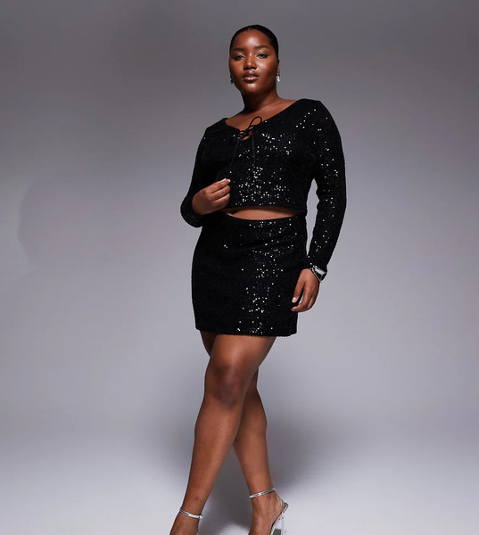  Asos Design Curve Allover Sequin Mini Skirt In Black 