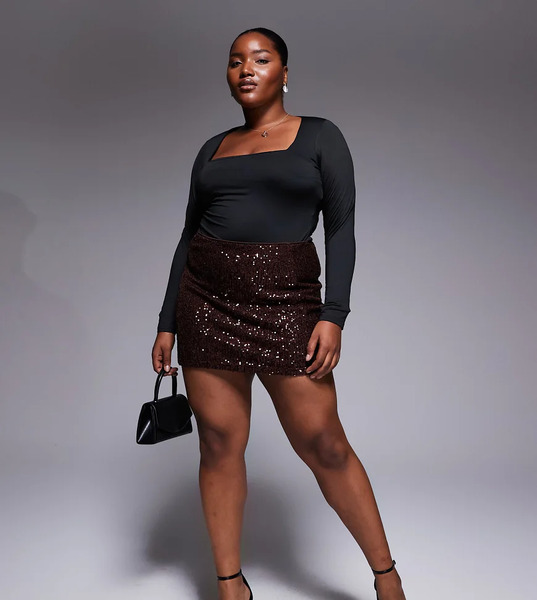  Asos Design Curve Allover Sequin Mini Skirt In Chocolate Brown 
