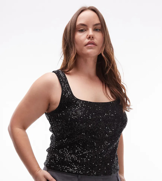  Asos Design Curve Allover Sequin Square Neck Top In Black 