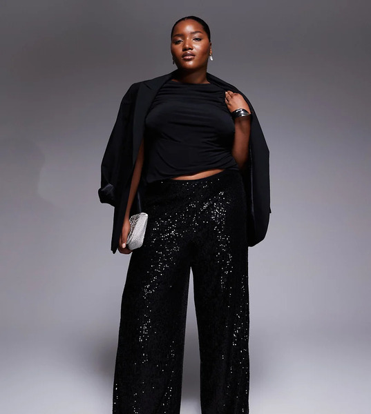  Asos Design Curve Allover Sequin Wide Leg Trouser In Black 