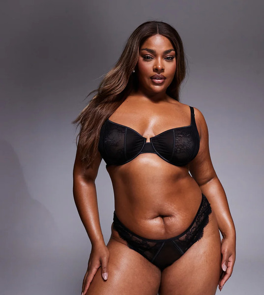  Asos Design Curve Amber Lace & Mesh Underwired Bra In Black   Black 