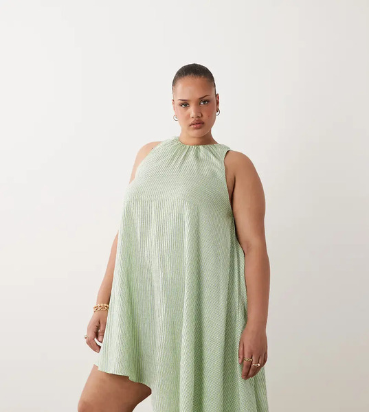  Asos Design Curve Asymmetric Hem Volume Mini Dress In Green Stripe Multi 