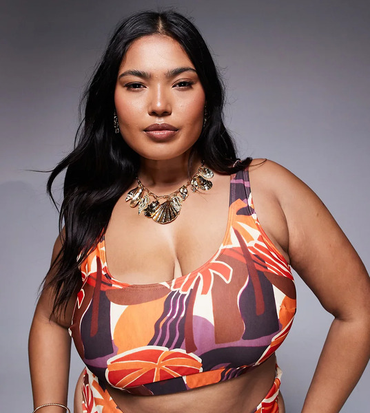  Asos Design Curve Ava Cropped Bikini Top In Tropical Print Multi 