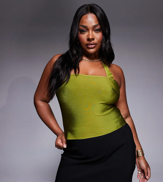  Asos Design Curve Bandage Halter Strap Top In Olive Green 