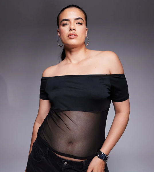  Asos Design Curve Bardot Mesh Mix Panel Top In Black 