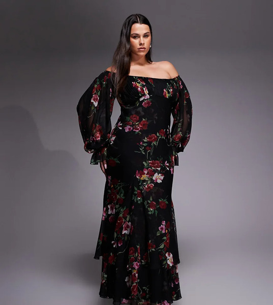  Asos Design Curve Bardot Ruffle Maxi Dress With Tiered Godets And Blouson Sleeves In Floral Print Multi 