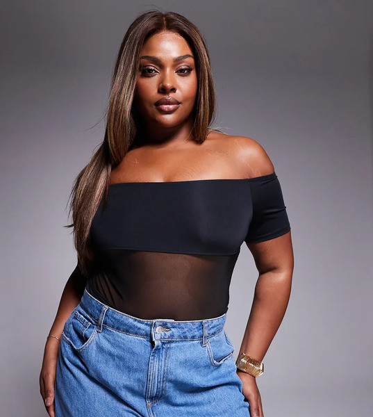  Asos Design Curve Bardot Slinky Mesh Panel Bodysuit In Black 