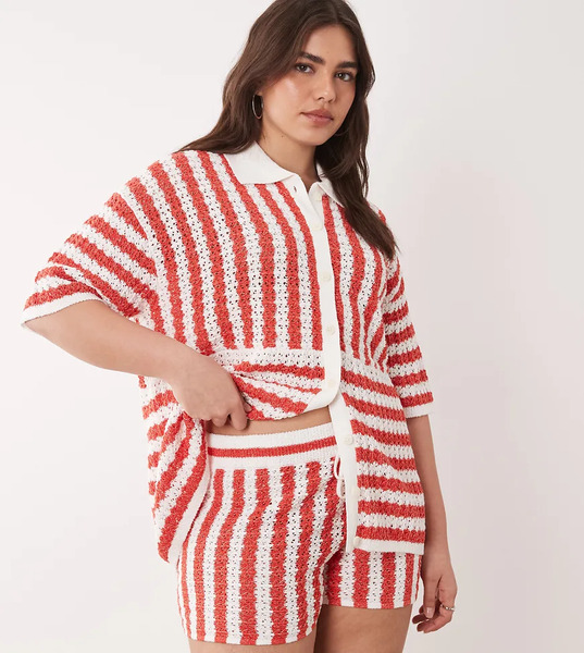  Asos Design Curve Beach Knit Short Co Ord In Red Stripe 