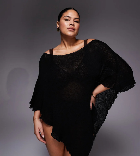  Asos Design Curve Beach Knitted Poncho In Black 