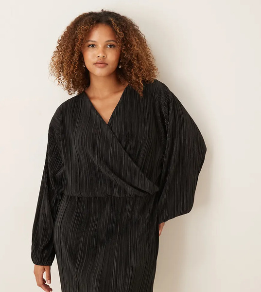  Asos Design Curve Blouson Plisse Mini Dress In Black 