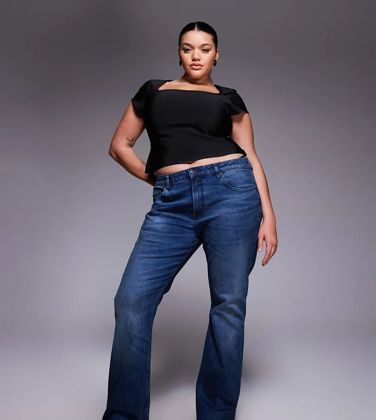  Asos Design Curve Bootcut Flare Jeans In Dark Mid Wash Blue 