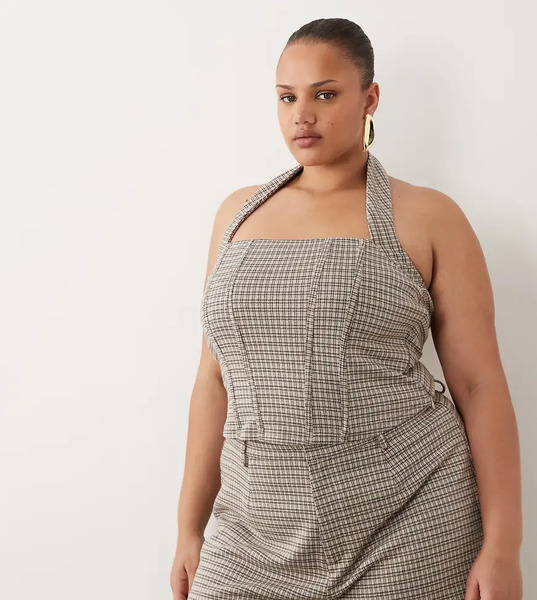  Asos Design Curve Brushed Halterneck Corset Top In Brown Check Print Multi 