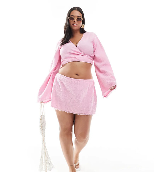  Asos Design Curve Callie Cheesecloth Frayed Beach Skirt In Pink 